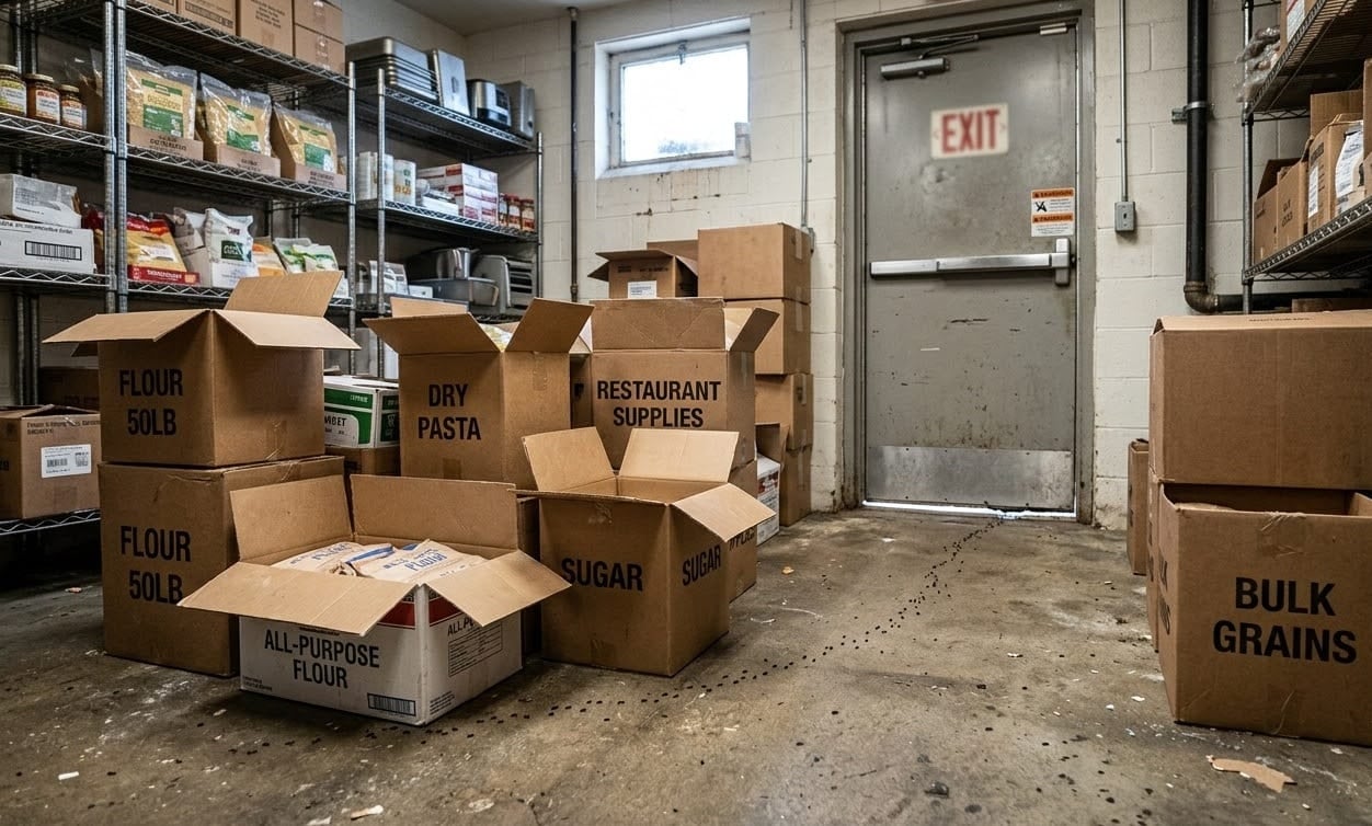 Commercial storage room with food boxes attracting pests